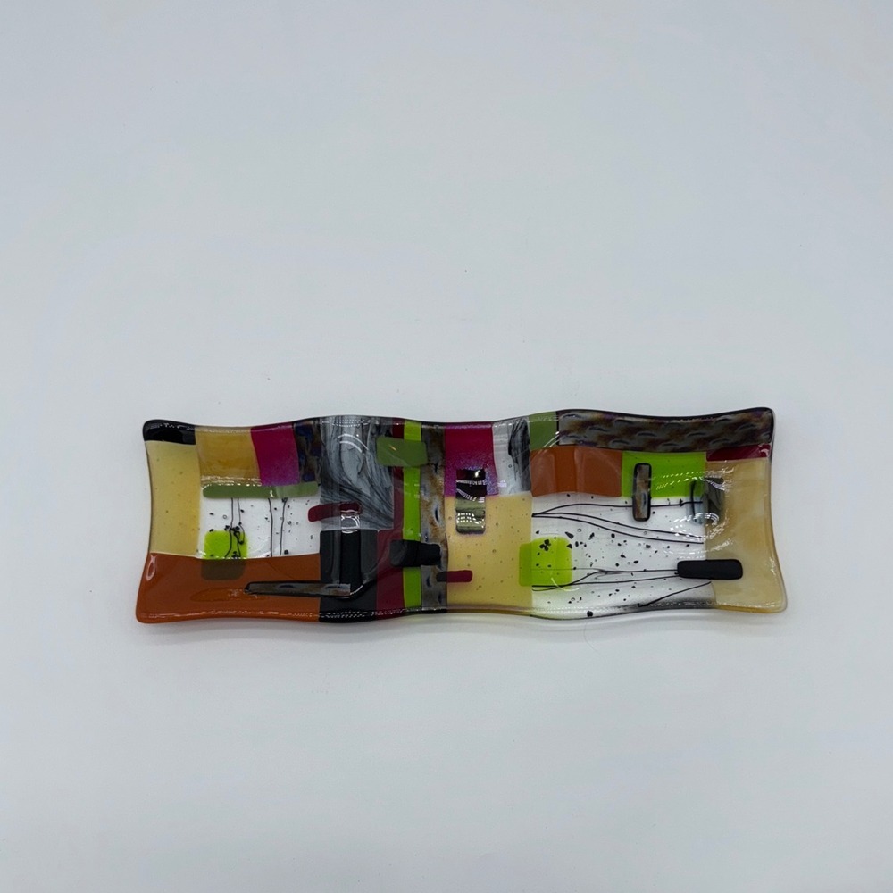 Lauren Goldfield '92 Fused Art Glass Tray Plate Colorful Abstract Design Devided